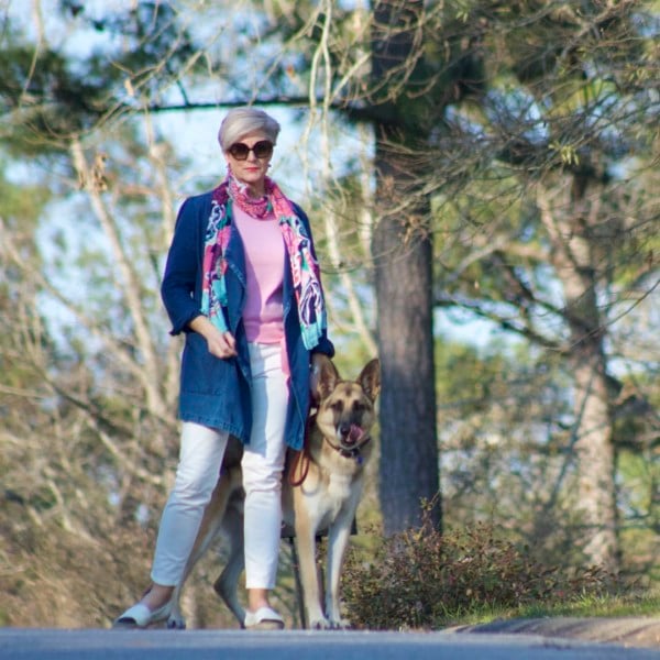 anthropologie waterfall jean jacket, talbots pink side tie sweater, everlane ecru denim, tory burch espadrilles, talbots pattern scarf