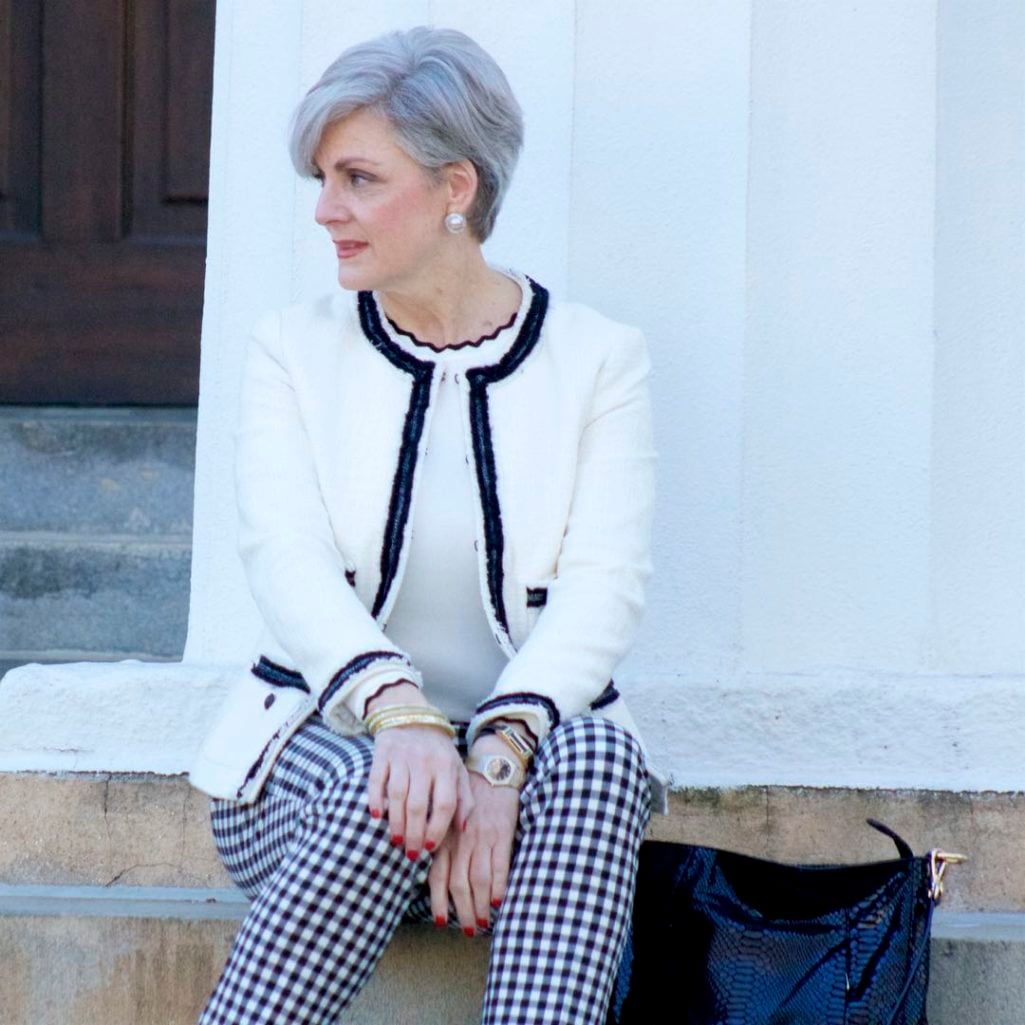 talbots gingham pants, zara rick rack sweater. talbots fringe blazer, gucci black pumps, michael kors hobo ban