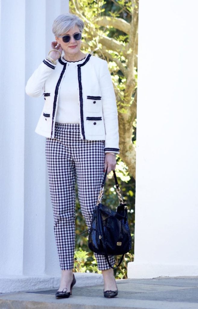talbots gingham pants, zara rick rack sweater. talbots fringe blazer, gucci black pumps, michael kors hobo ban