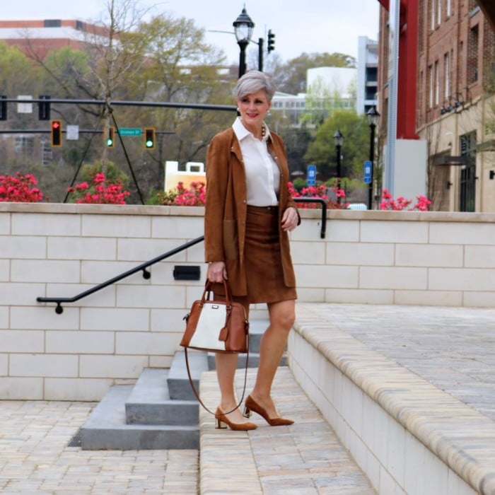 1.2.3. suede jacket and skirt, silk blouse, ann taylor suede pumps
