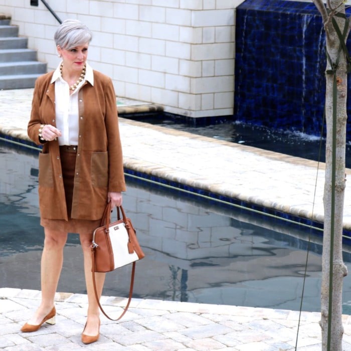 1.2.3. suede jacket and skirt, silk blouse, ann taylor suede pumps