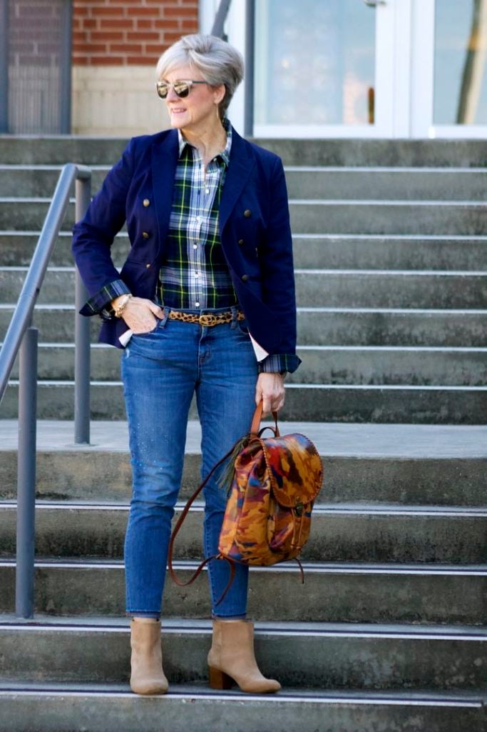 j.crew skinny jeans, j.crew plaid shirt, banana republic navy blazer, banana republic suede booties, patricia nash backpack
