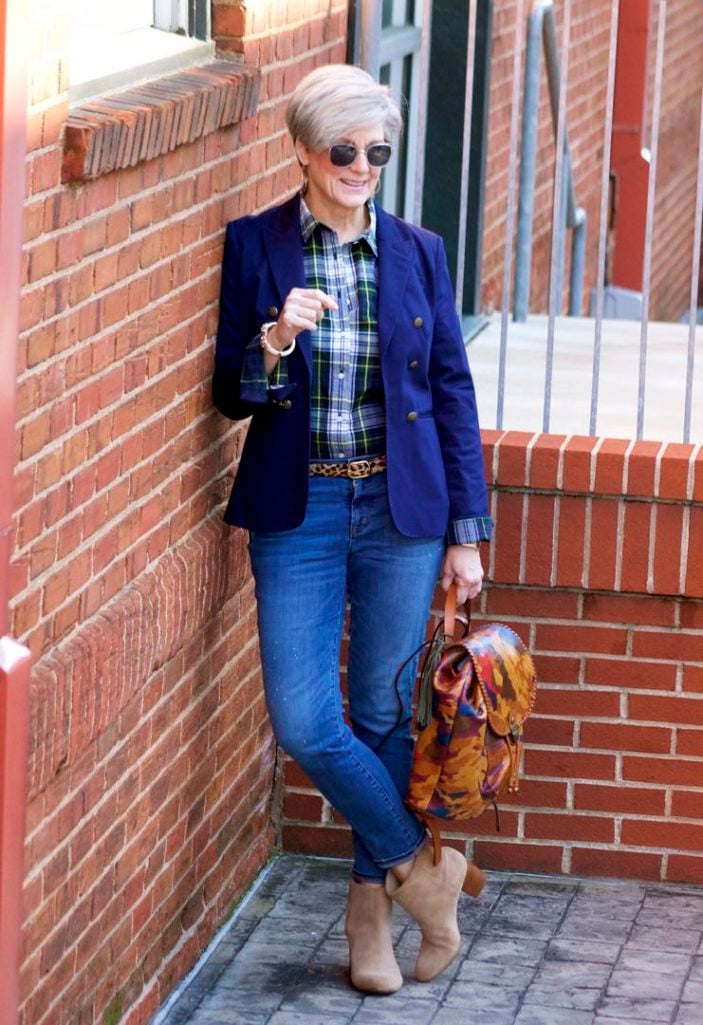 j.crew skinny jeans, j.crew plaid shirt, banana republic navy blazer, banana republic suede booties, patricia nash backpack