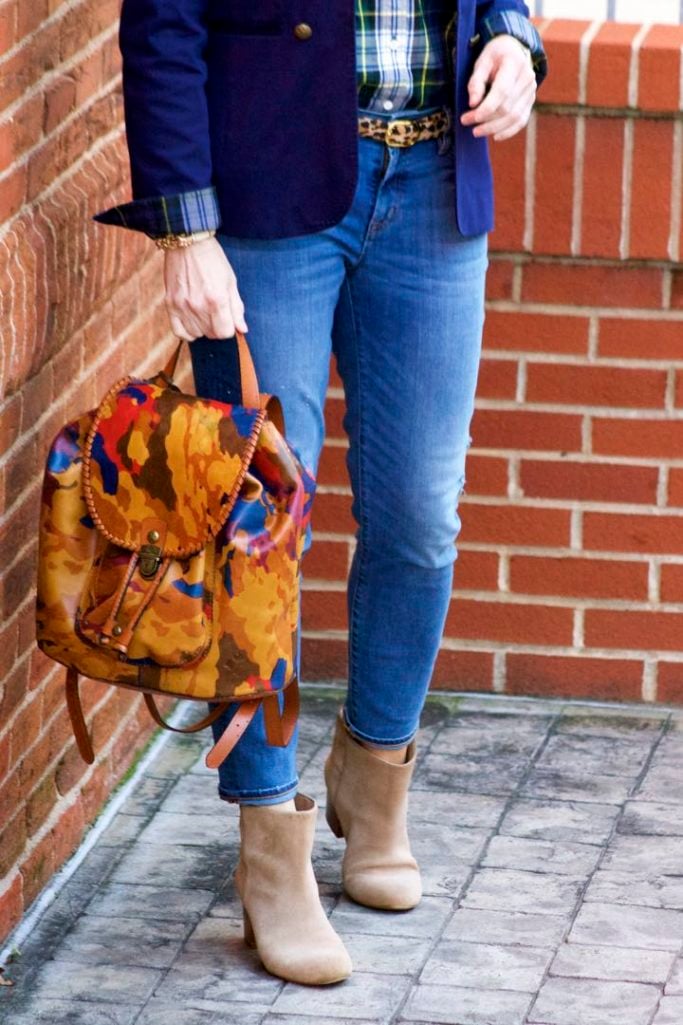 j.crew skinny jeans, j.crew plaid shirt, banana republic navy blazer, banana republic suede booties, patricia nash backpack