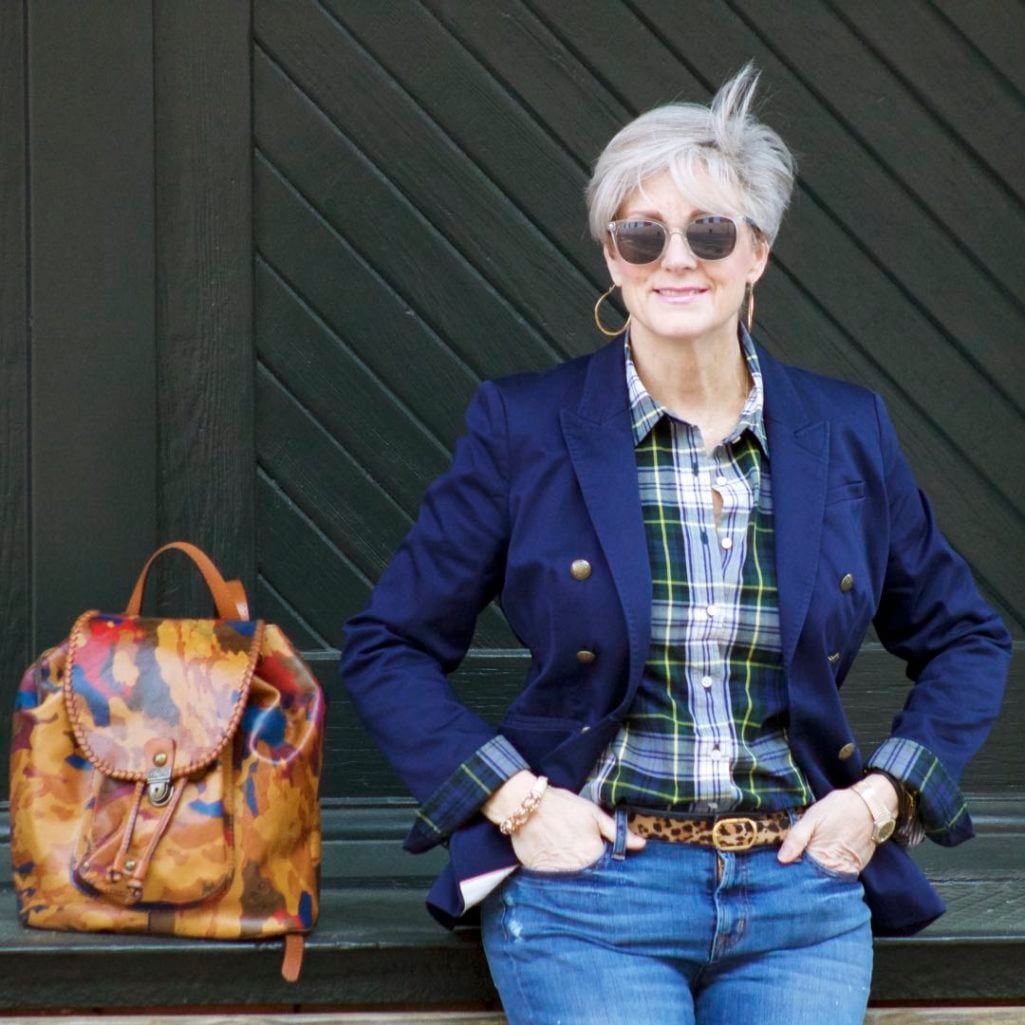 j.crew skinny jeans, j.crew plaid shirt, banana republic navy blazer, banana republic suede booties, patricia nash backpack