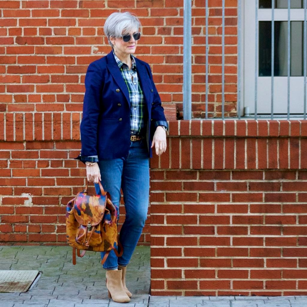 j.crew skinny jeans, j.crew plaid shirt, banana republic navy blazer, banana republic suede booties, patricia nash backpack