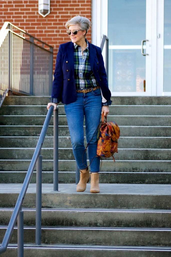 j.crew skinny jeans, j.crew plaid shirt, banana republic navy blazer, banana republic suede booties, patricia nash backpack
