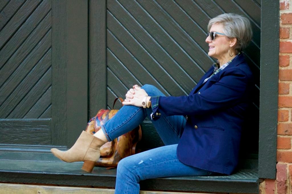 j.crew skinny jeans, j.crew plaid shirt, banana republic navy blazer, banana republic suede booties, patricia nash backpack