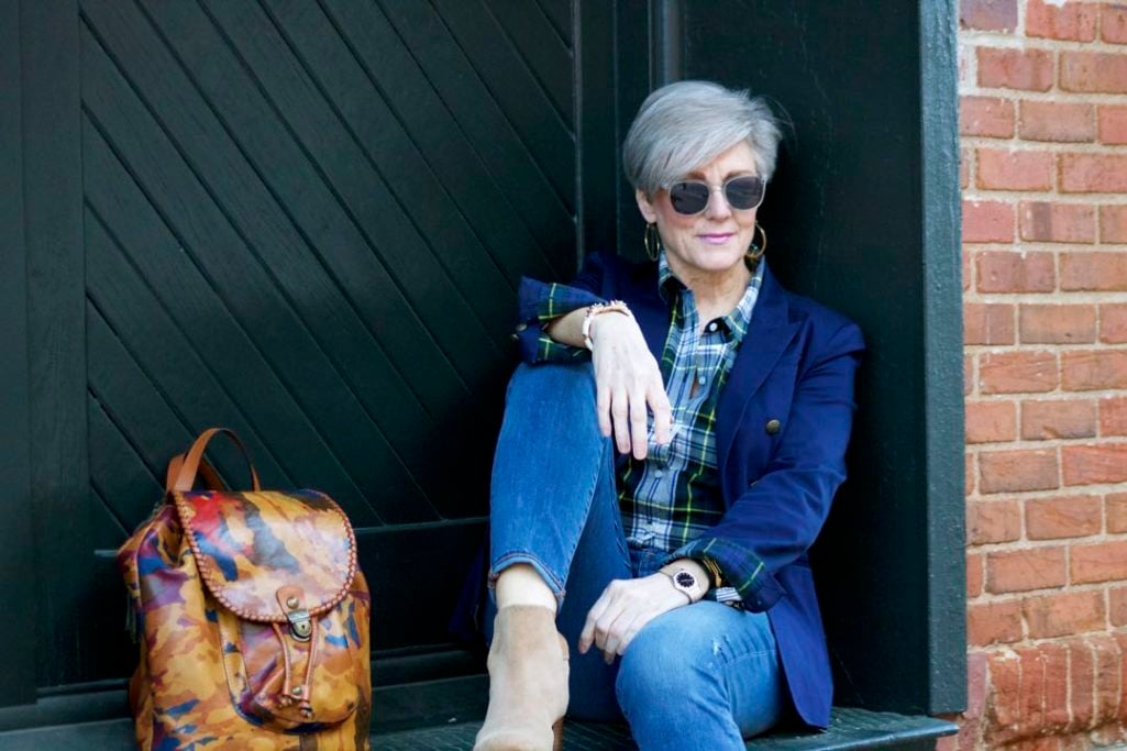 j.crew skinny jeans, j.crew plaid shirt, banana republic navy blazer, banana republic suede booties, patricia nash backpack