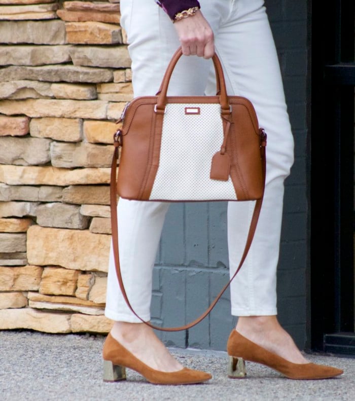 everlane ecru denim, ann taylor floral blouse, j.crew italian cashmere sweater, ann taylor suede pumps, ralph lauren belt, ralph lauren handbag