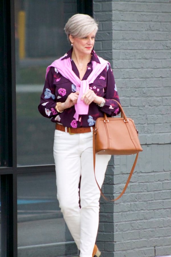 everlane ecru denim, ann taylor floral blouse, j.crew italian cashmere sweater, ann taylor suede pumps, ralph lauren belt, ralph lauren handbag