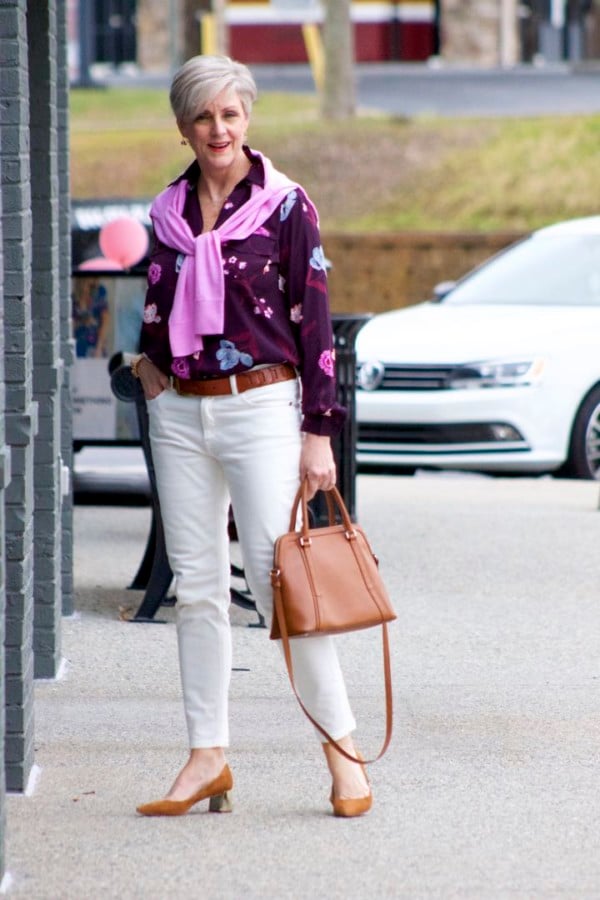 everlane ecru denim, ann taylor floral blouse, j.crew italian cashmere sweater, ann taylor suede pumps, ralph lauren belt, ralph lauren handbag