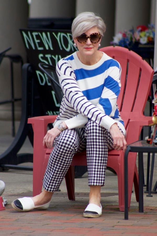 lou & grey striped sweater, talbots gingham pants, tory burch leather espadrilles