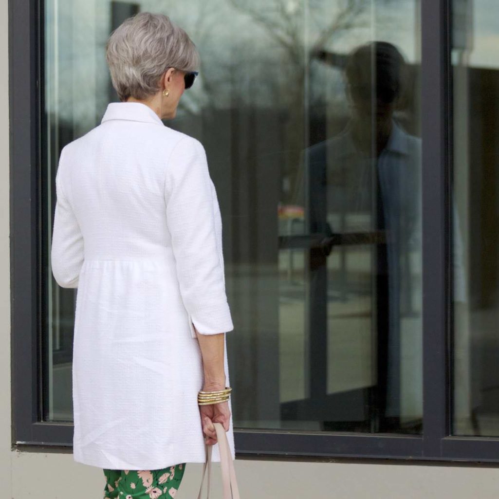boden white jacket, boden linen shirt, boden green print pants, j.crew pink suede shoes