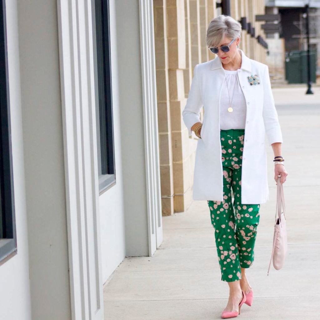 boden white jacket, boden linen shirt, boden green print pants, j.crew pink suede shoes