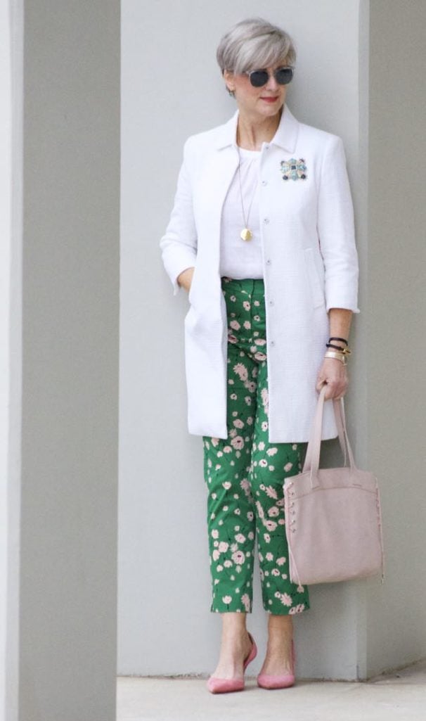 boden white jacket, boden linen shirt, boden green print pants, j.crew pink suede shoes
