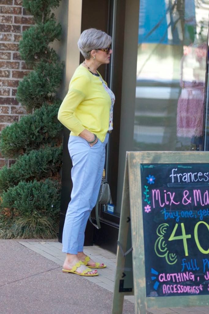J.Crew New York tee, Boden Blue Chinos, J.Crew Italian Cashmere Cardigan, Boden Yellow Sandals, Gucci Bamboo Handbag