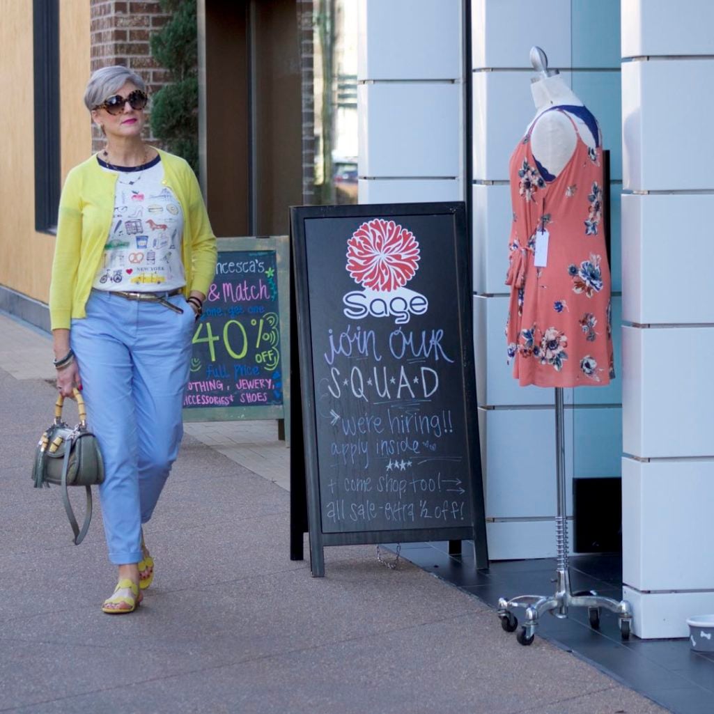 J.Crew New York tee, Boden Blue Chinos, J.Crew Italian Cashmere Cardigan, Boden Yellow Sandals, Gucci Bamboo Handbag