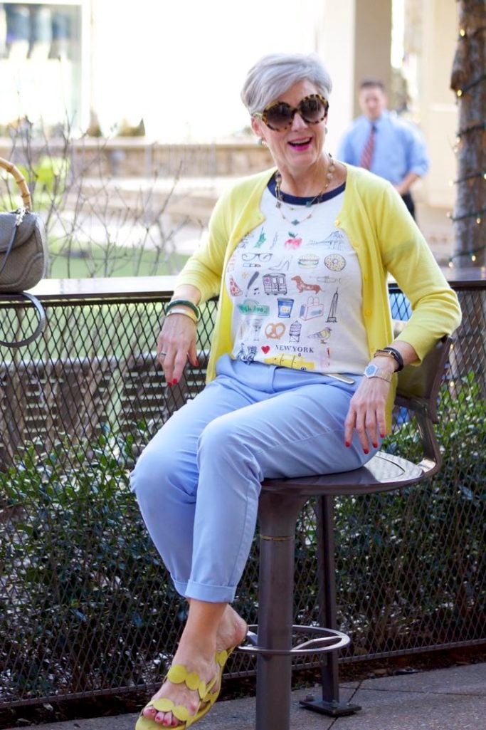 J.Crew New York tee, Boden Blue Chinos, J.Crew Italian Cashmere Cardigan, Boden Yellow Sandals, Gucci Bamboo Handbag