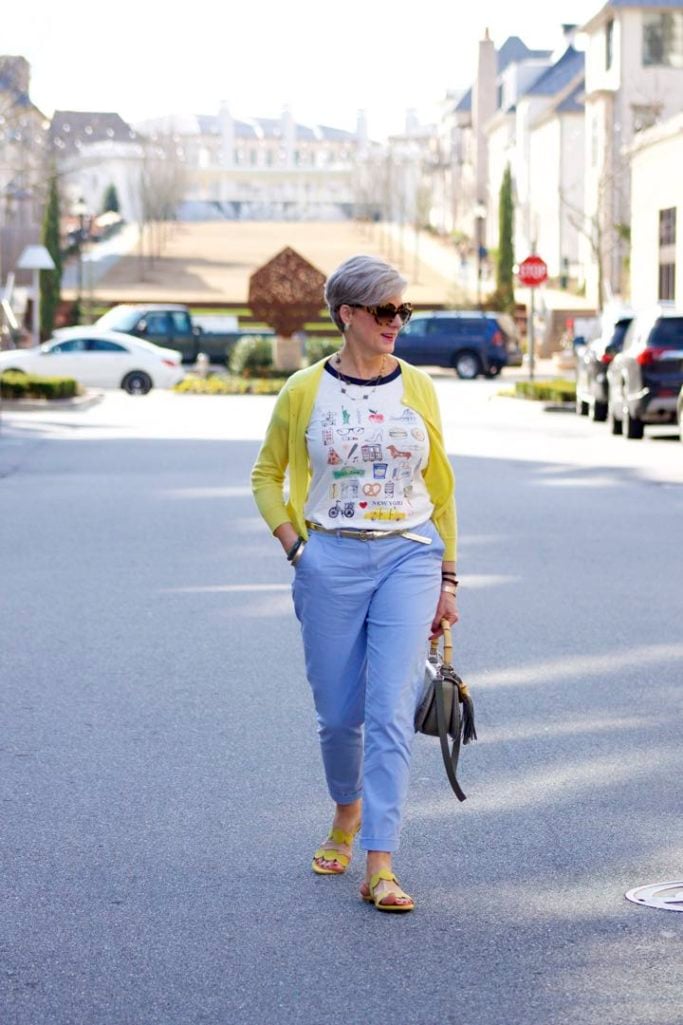 J.Crew New York tee, Boden Blue Chinos, J.Crew Italian Cashmere Cardigan, Boden Yellow Sandals, Gucci Bamboo Handbag