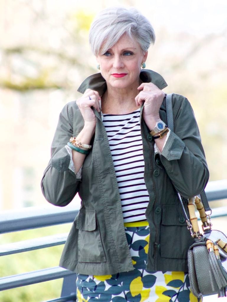 boden pencil skirt, boden breton tee, talbots utility jacket, gucci bamboo handle handbag, boden yellow suede sandals
