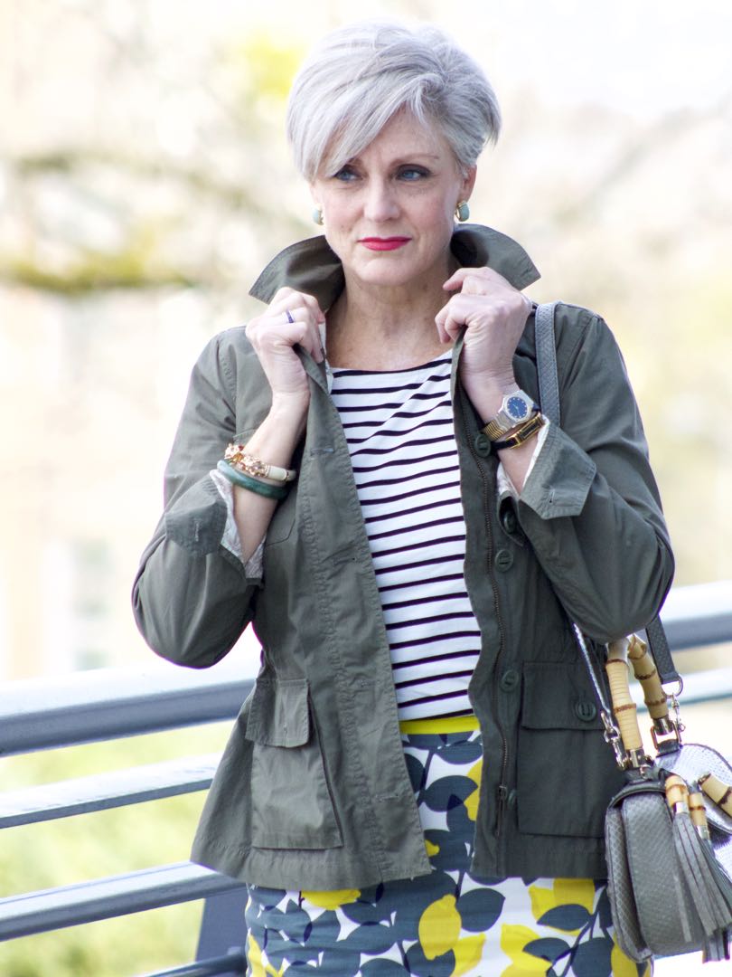 boden pencil skirt, boden breton tee, talbots utility jacket, gucci bamboo handle handbag, boden yellow suede sandals