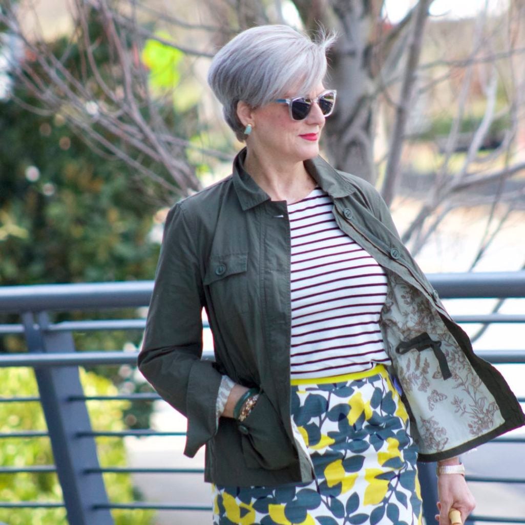 boden pencil skirt, boden breton tee, talbots utility jacket, gucci bamboo handle handbag, boden yellow suede sandals