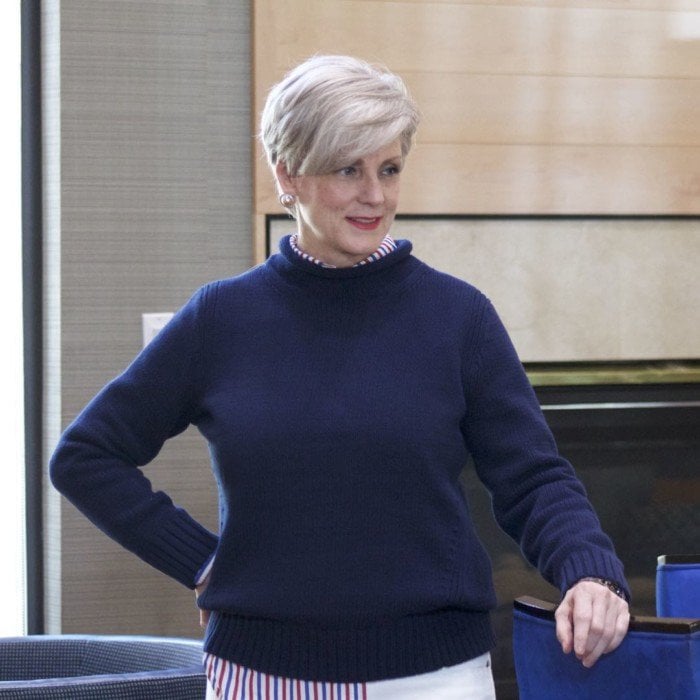 j.crew roll neck sweater, j.crew striped shirt, everlane denim, tory burch espadrilles
