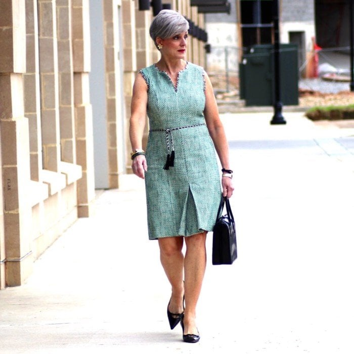 karl lagerfeld tweed dress, gucci black pumps, prada handbag
