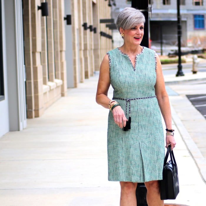 karl lagerfeld tweed dress, gucci black pumps, prada handbag