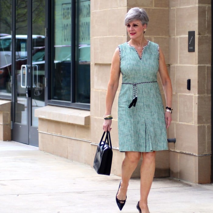 karl lagerfeld tweed dress, gucci black pumps, prada handbag