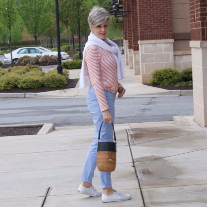 boden chinos, j.crew striped tee, white sweater, white keds, tory burch bracelets, straw handbag