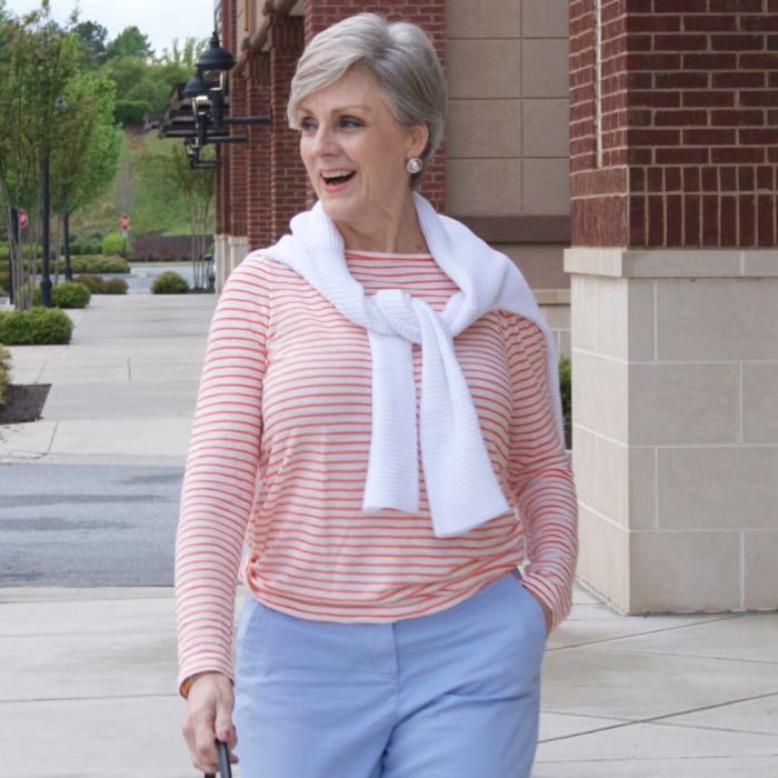 boden chinos, j.crew striped tee, white sweater, white keds, tory burch bracelets, straw handbag