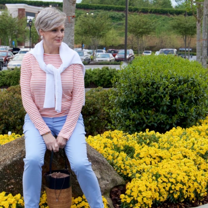 boden chinos, j.crew striped tee, white sweater, white keds, tory burch bracelets, straw handbag