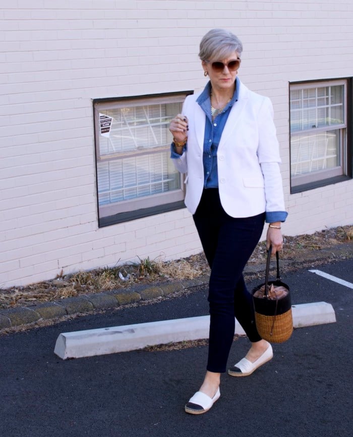 over 50 fashion blogger, ann taylor sailor denim, j.crew denim shirt, talbots white pique blazer, tory burch espadrilles, wicker bucket bag