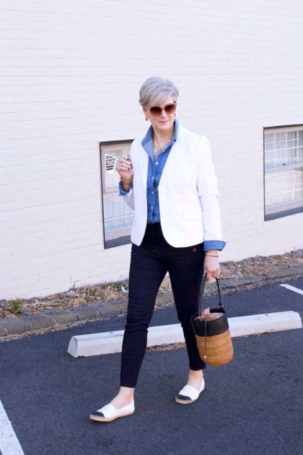 over 50 fashion blogger, ann taylor sailor denim, j.crew denim shirt, talbots white pique blazer, tory burch espadrilles, wicker bucket bag