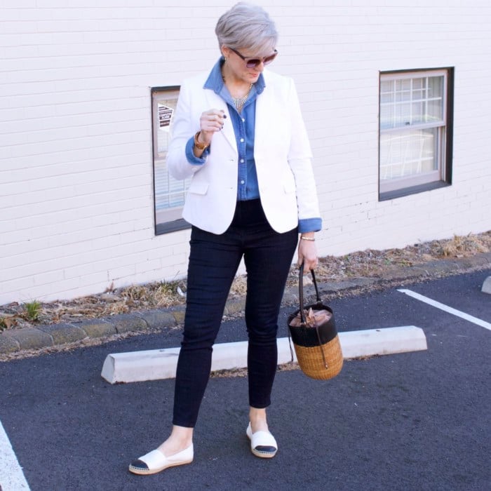 over 50 fashion blogger, ann taylor sailor denim, j.crew denim shirt, talbots white pique blazer, tory burch espadrilles, wicker bucket bag