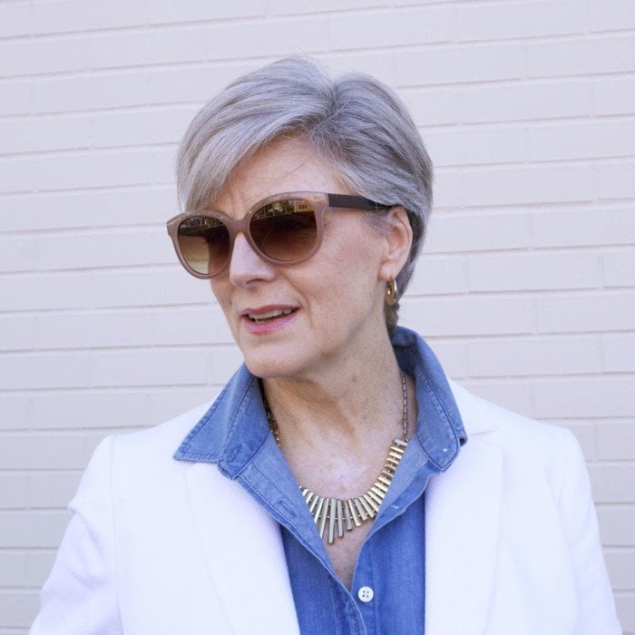 over 50 fashion blogger, ann taylor sailor denim, j.crew denim shirt, talbots white pique blazer, tory burch espadrilles, wicker bucket bag