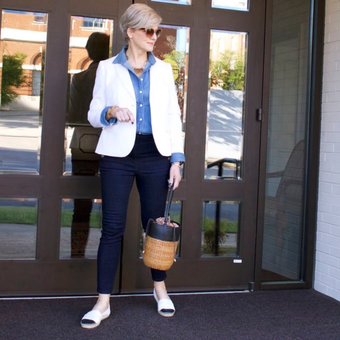 over 50 fashion blogger, ann taylor sailor denim, j.crew denim shirt, talbots white pique blazer, tory burch espadrilles, wicker bucket bag