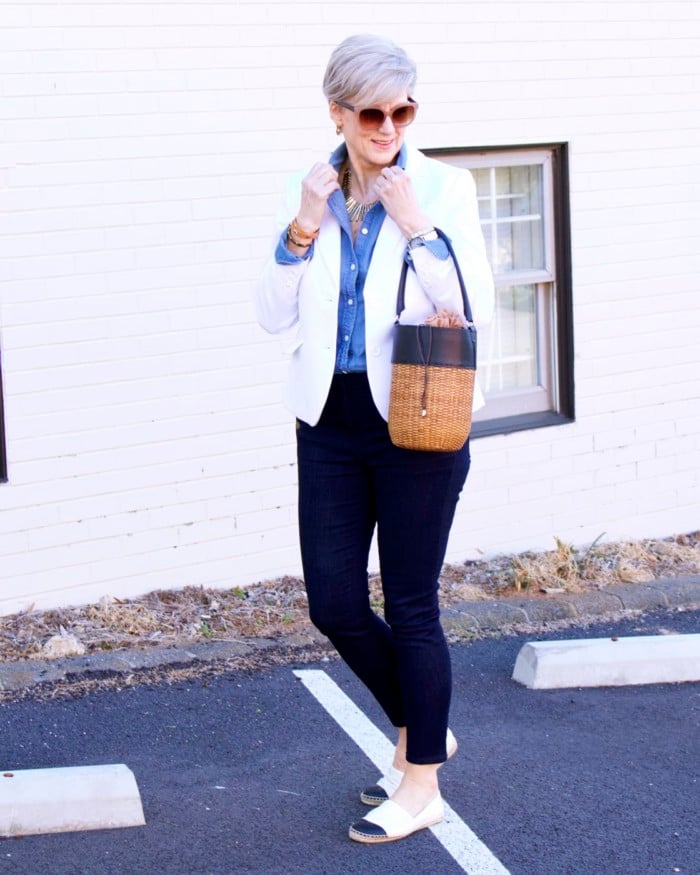over 50 fashion blogger, ann taylor sailor denim, j.crew denim shirt, talbots white pique blazer, tory burch espadrilles, wicker bucket bag