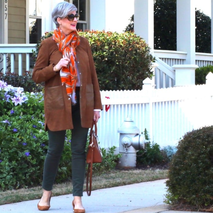 shifting into neutral with suede duster, white shirt, and green cargo pants