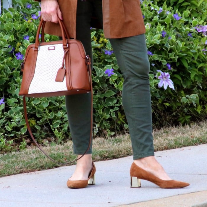 shifting into neutral with suede duster, white shirt, and green cargo pants