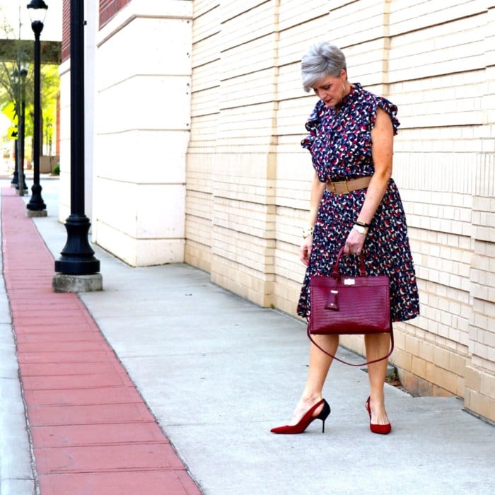 ralph lauren top, ralph lauren skirt, zara red pumps, talbots satchel handbag, anthropologie necklace