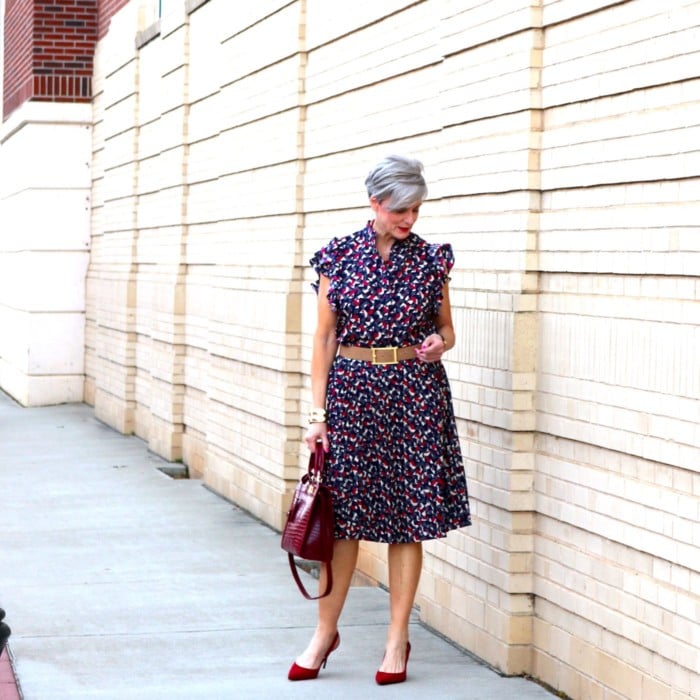 ralph lauren top, ralph lauren skirt, zara red pumps, talbots satchel handbag, anthropologie necklace