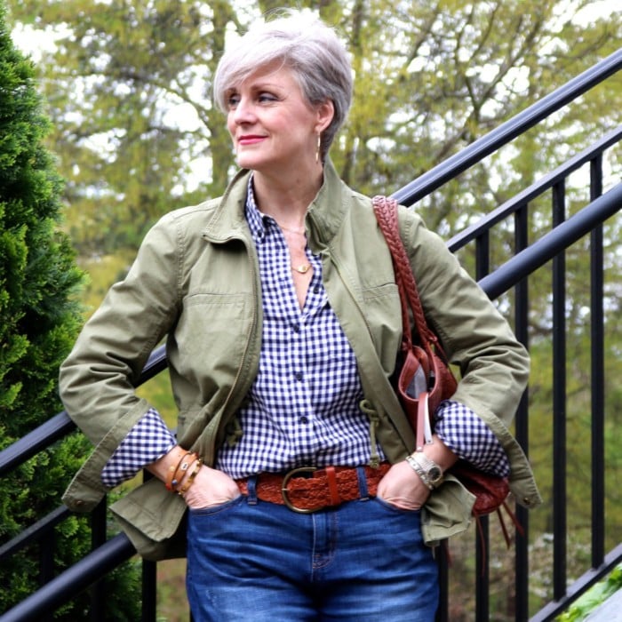 gap gingham shirt, j.crew boyfriend jeans, j.crew utility jacket, ann taylor suede pumps, leather tote, tory burch bracelets