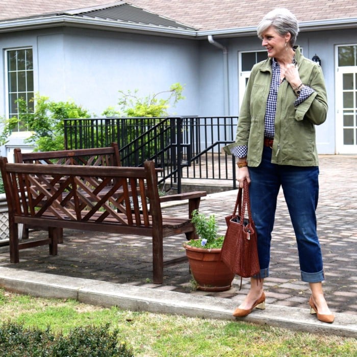 gap gingham shirt, j.crew boyfriend jeans, j.crew utility jacket, ann taylor suede pumps, leather tote, tory burch bracelets