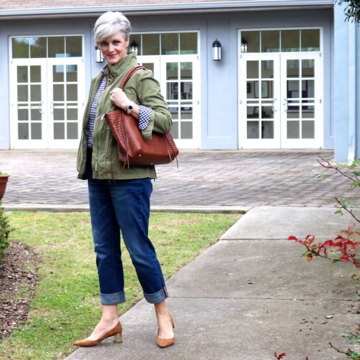 gap gingham shirt, j.crew boyfriend jeans, j.crew utility jacket, ann taylor suede pumps, leather tote, tory burch bracelets