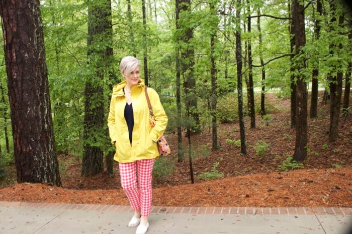 marks and spencer yellow slicker, boden gingham pants, boden cashmere sweater, sperry sneakers, trina turk tote, over 50 fashion blogger