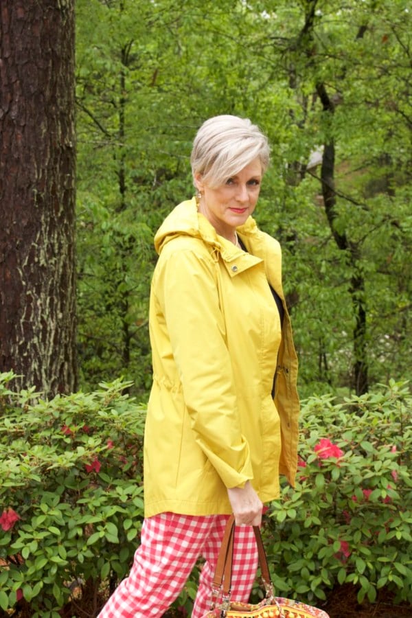 marks and spencer yellow slicker, boden gingham pants, boden cashmere sweater, sperry sneakers, trina turk tote, over 50 fashion blogger