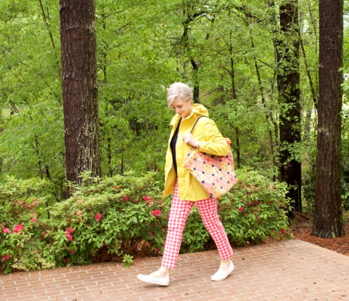 marks and spencer yellow slicker, boden gingham pants, boden cashmere sweater, sperry sneakers, trina turk tote, over 50 fashion blogger